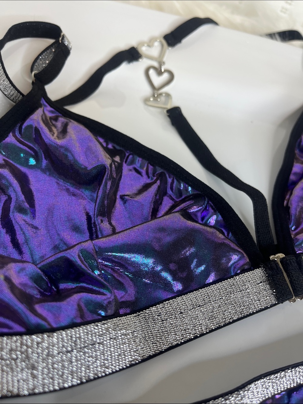 Iridescent Purple Triangle Bra & Panty Set with Silver Heart Rhinestone Trim - Picture 2 of 8